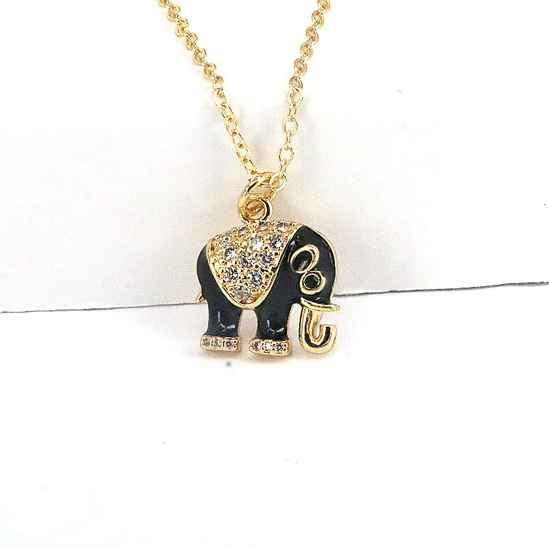 Fashion Animal Elephant Copper Enamel Gold Plated Zircon Pendant Necklace 1 Piece