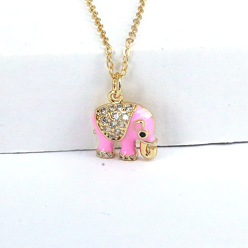 Fashion Animal Elephant Copper Enamel Gold Plated Zircon Pendant Necklace 1 Piece