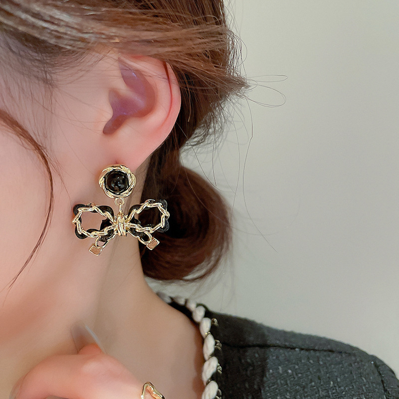 Fashion Bow Knot Pu Leather Copper Drop Earrings 1 Pair