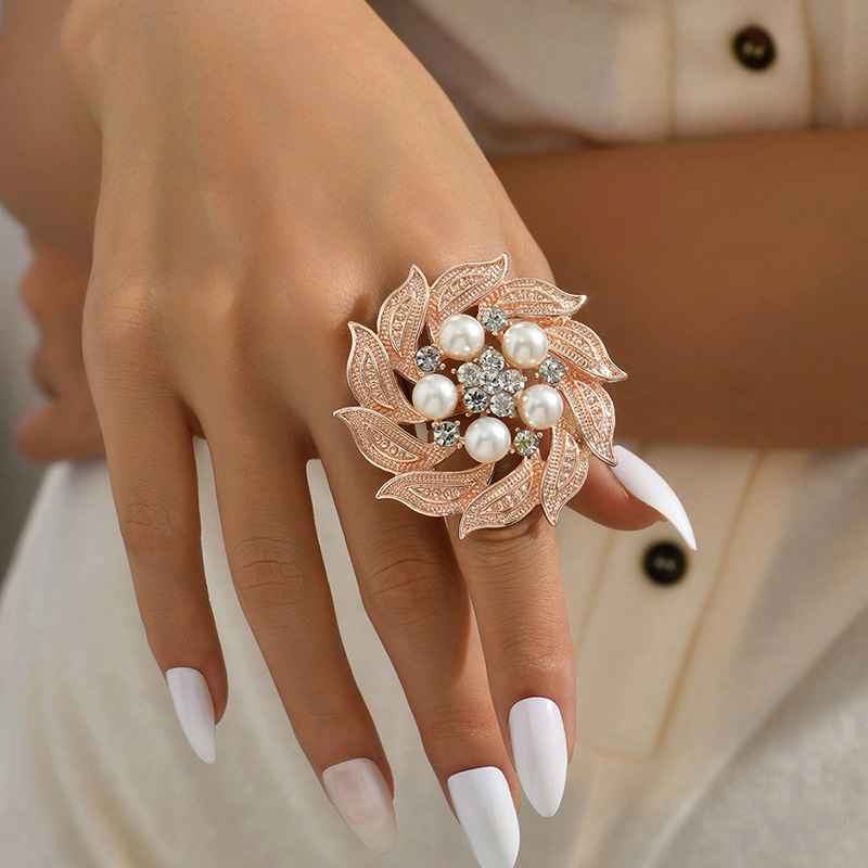 Casual Flower Alloy Hollow Out Inlay Rhinestones Pearl Womenu0027S Open Ring 1 Piece