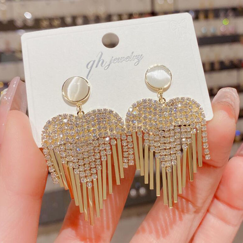 Fashion Heart Shape Copper Tassel Rhinestones Opal Drop Earrings 1 Pair