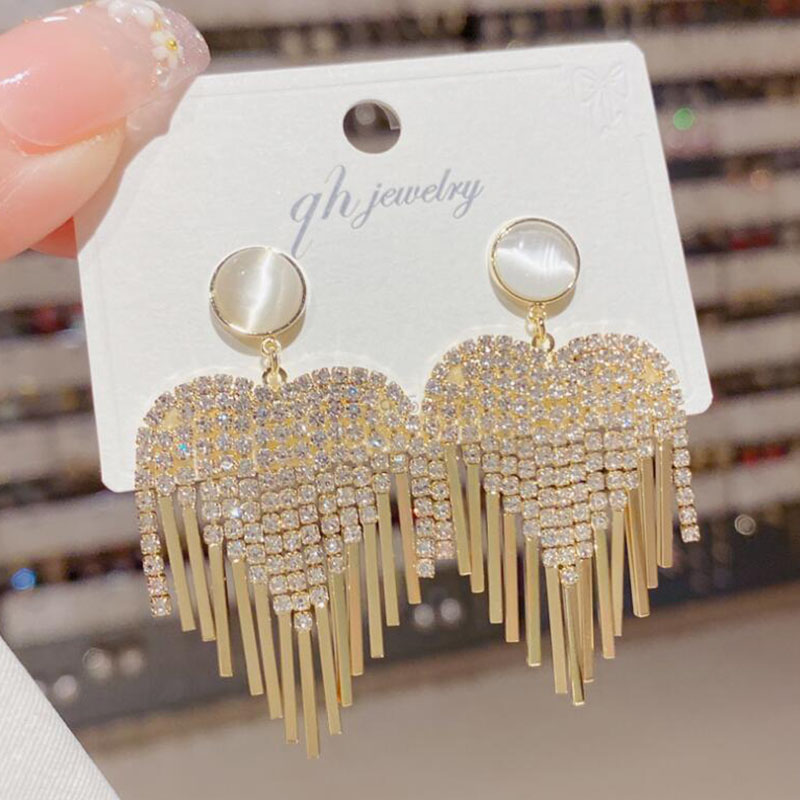 Fashion Heart Shape Copper Tassel Rhinestones Opal Drop Earrings 1 Pair