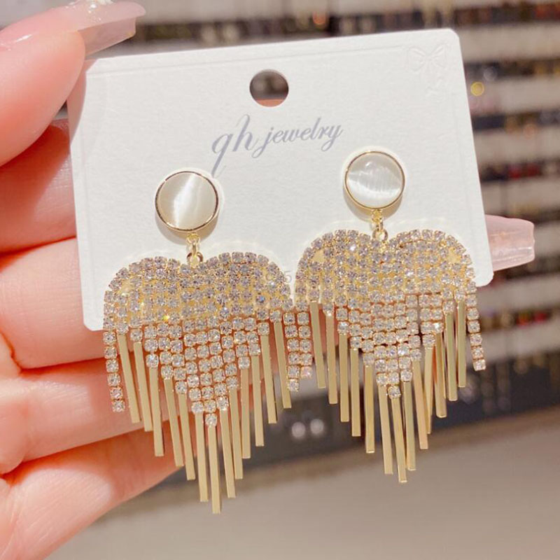 Fashion Heart Shape Copper Tassel Rhinestones Opal Drop Earrings 1 Pair