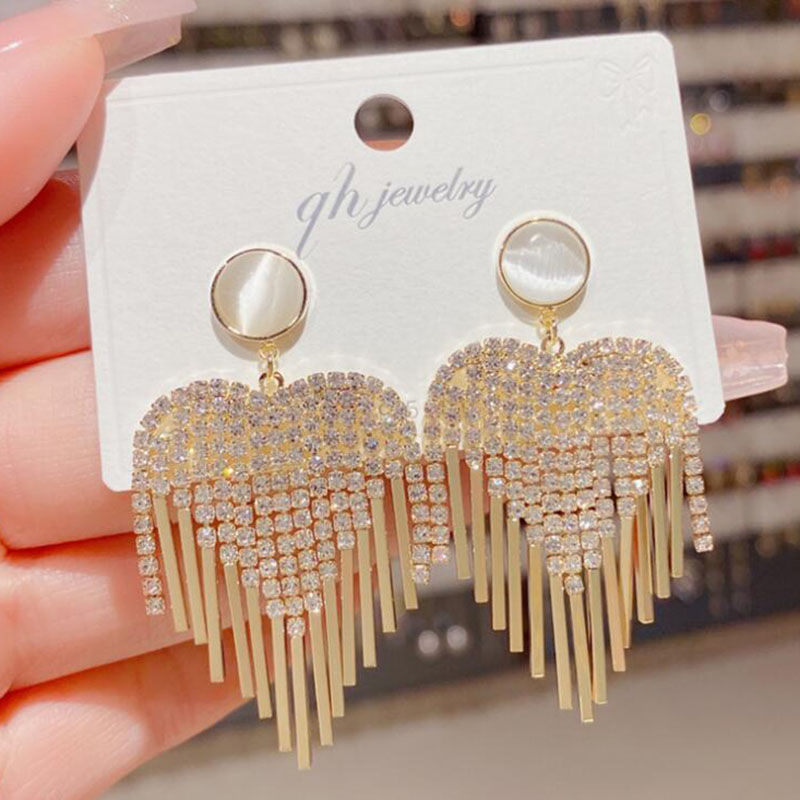 Fashion Heart Shape Copper Tassel Rhinestones Opal Drop Earrings 1 Pair