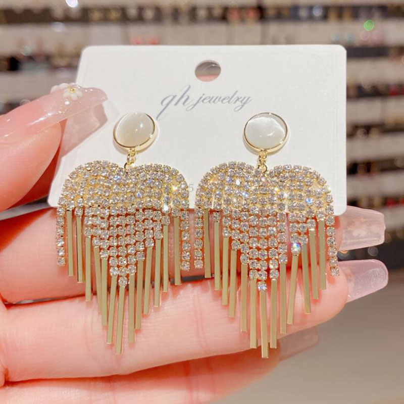 Fashion Heart Shape Copper Tassel Rhinestones Opal Drop Earrings 1 Pair