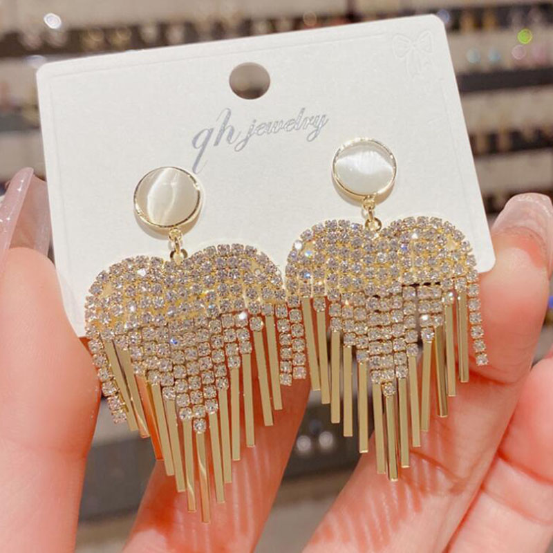 Fashion Heart Shape Copper Tassel Rhinestones Opal Drop Earrings 1 Pair