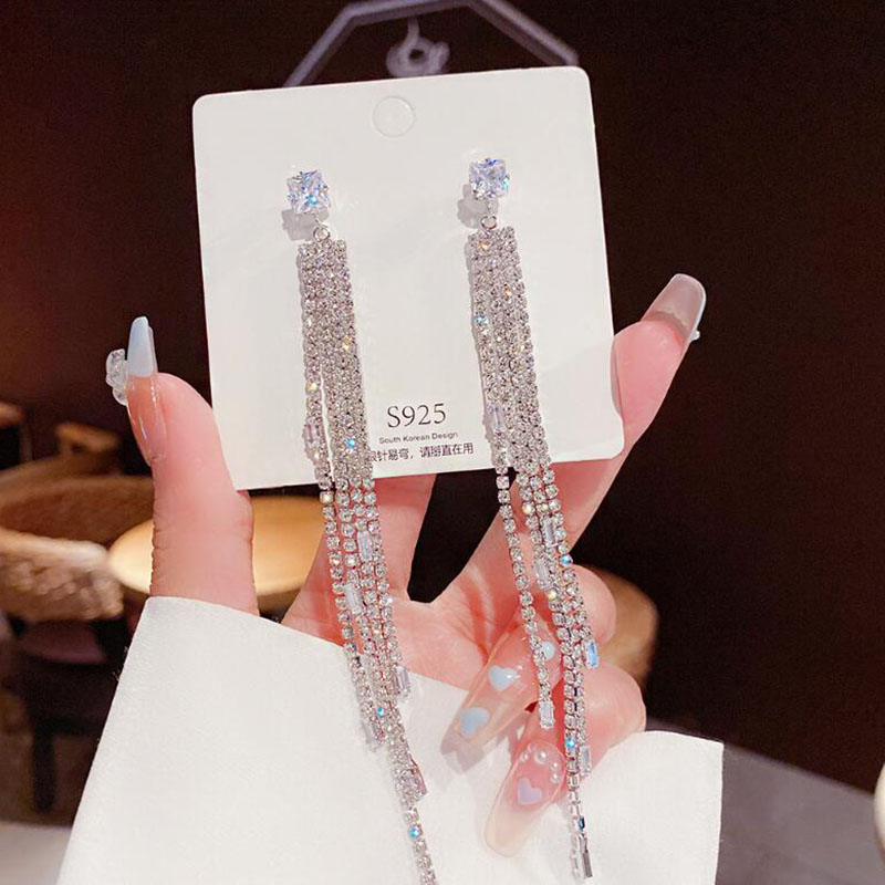 Glam Tassel Copper Inlay Rhinestones Zircon Drop Earrings 1 Pair