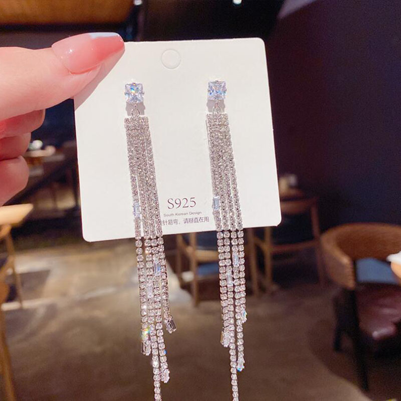 Glam Tassel Copper Inlay Rhinestones Zircon Drop Earrings 1 Pair