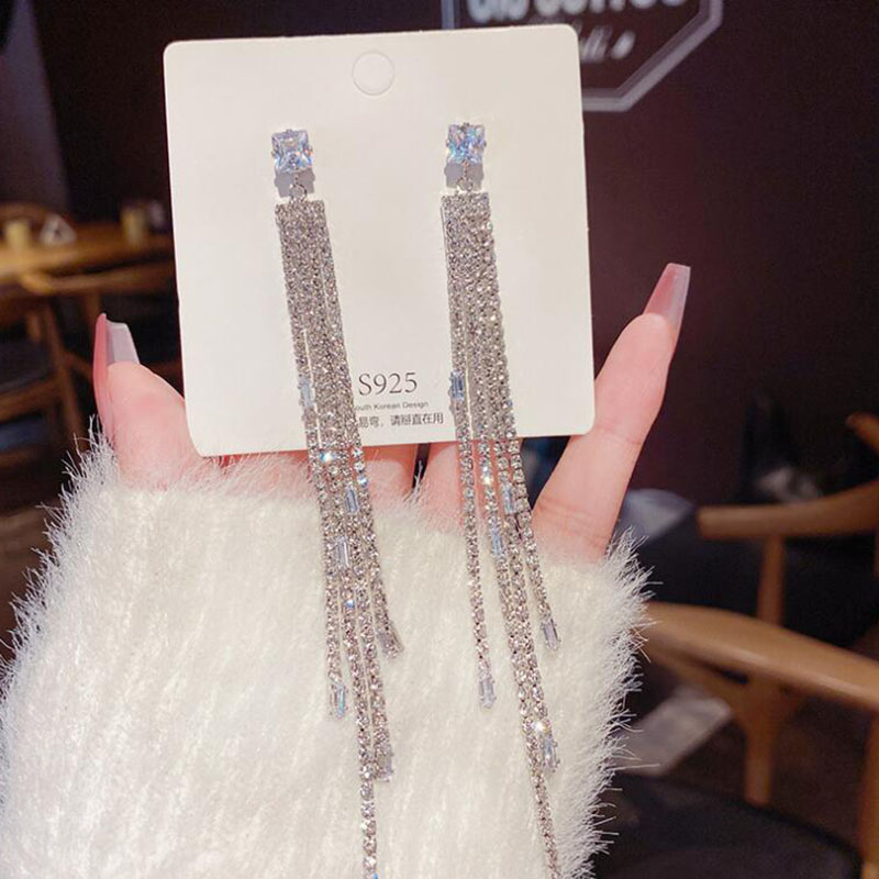 Glam Tassel Copper Inlay Rhinestones Zircon Drop Earrings 1 Pair