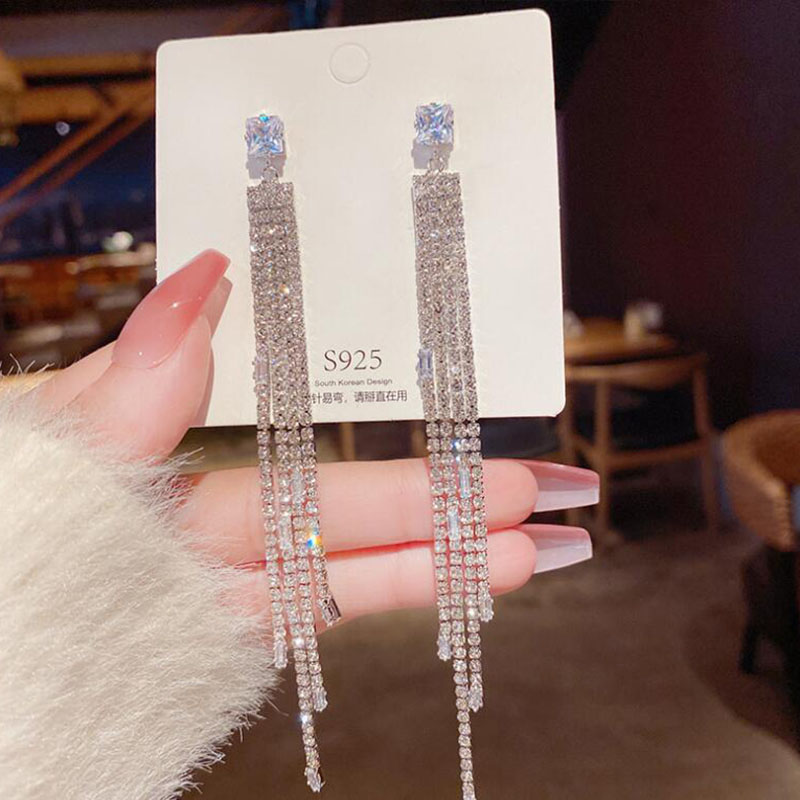 Glam Tassel Copper Inlay Rhinestones Zircon Drop Earrings 1 Pair