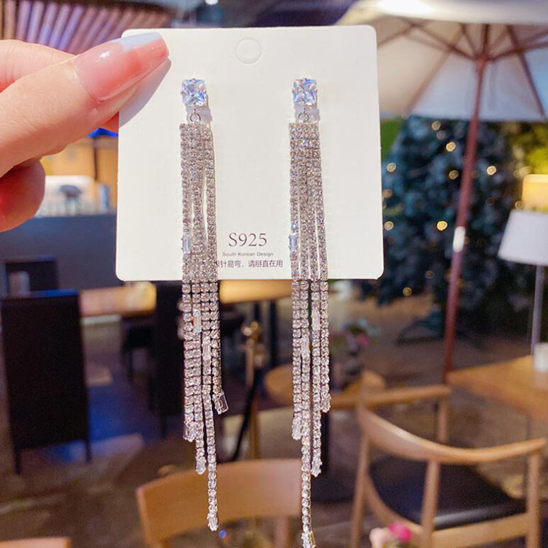 Glam Tassel Copper Inlay Rhinestones Zircon Drop Earrings 1 Pair
