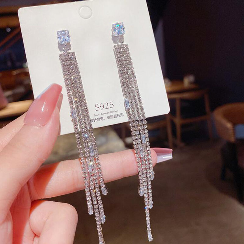 Glam Tassel Copper Inlay Rhinestones Zircon Drop Earrings 1 Pair