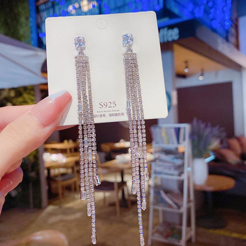 Glam Tassel Copper Inlay Rhinestones Zircon Drop Earrings 1 Pair