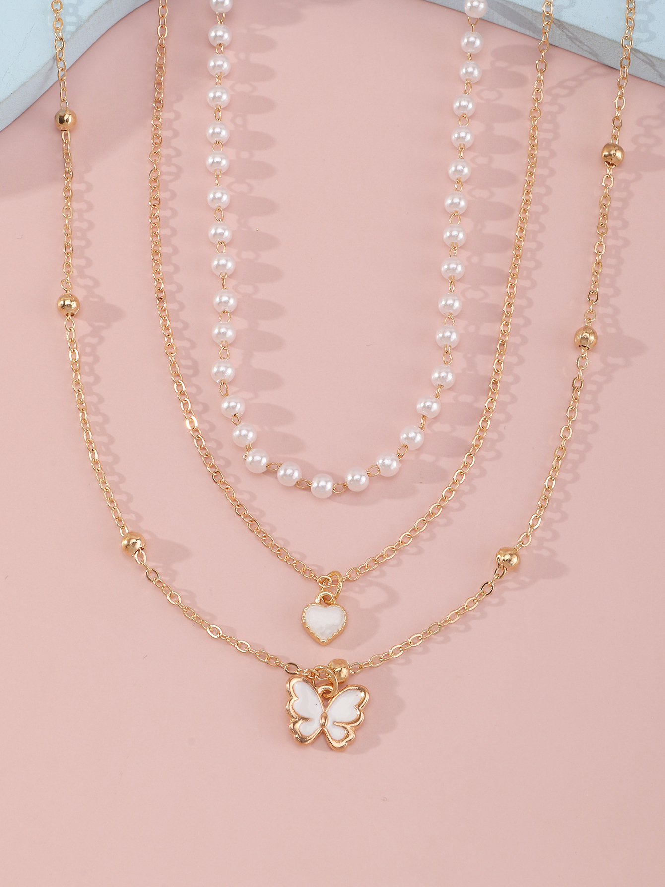 Cute Heart Shape Alloy Pearl Girlu0027S Necklace 3 Pieces