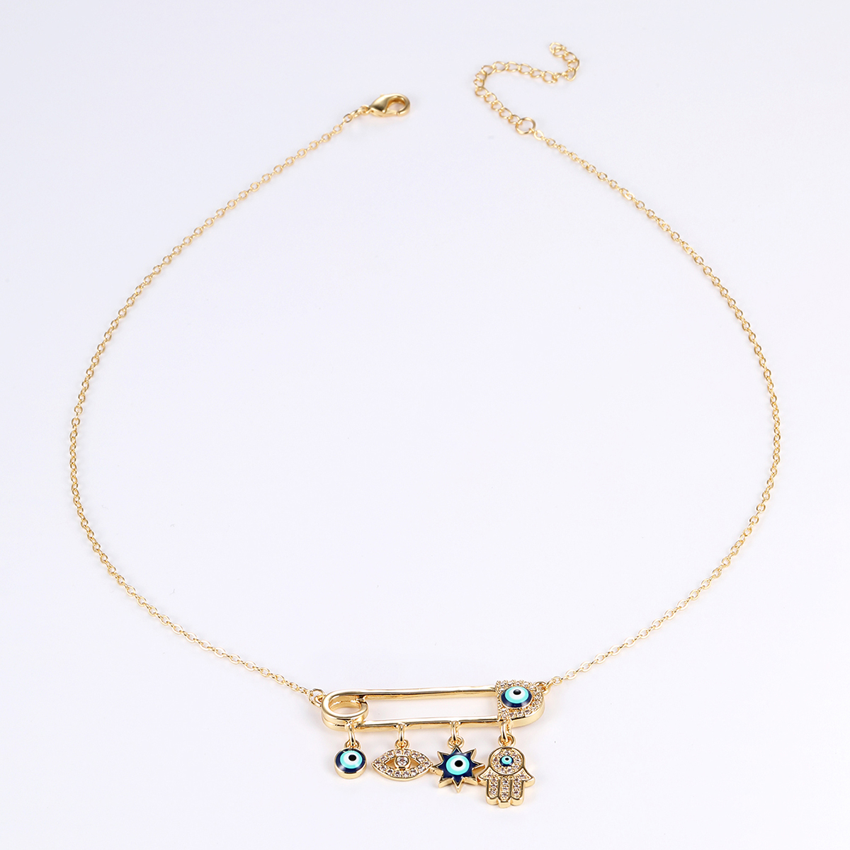 Fashion Paper Clip Hand Of Fatima Eye Copper Gold Plated Zircon Pendant Necklace 1 Piece