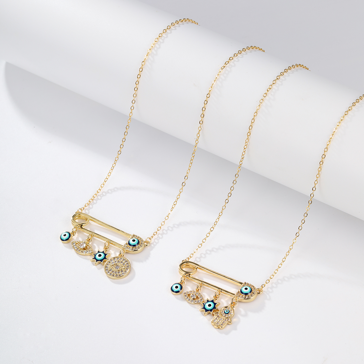 Fashion Paper Clip Hand Of Fatima Eye Copper Gold Plated Zircon Pendant Necklace 1 Piece