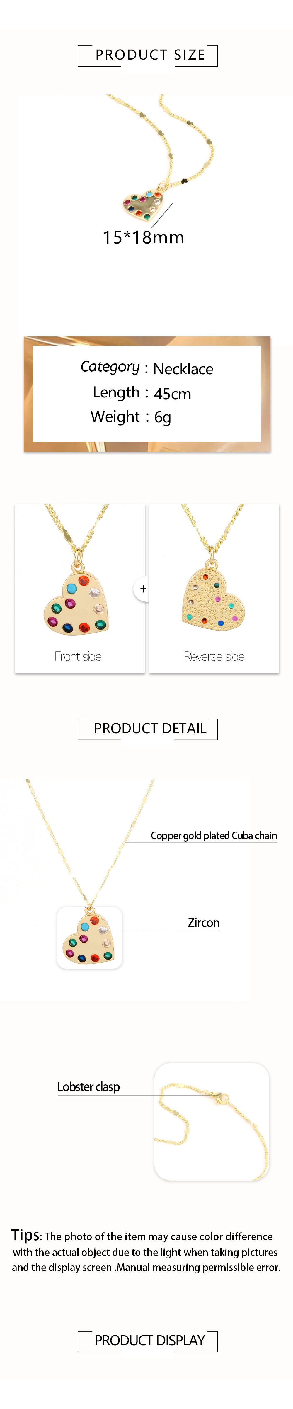 Fashion Paper Clip Heart Shape Lock Copper Gold Plated Zircon Pendant Necklace 1 Piece