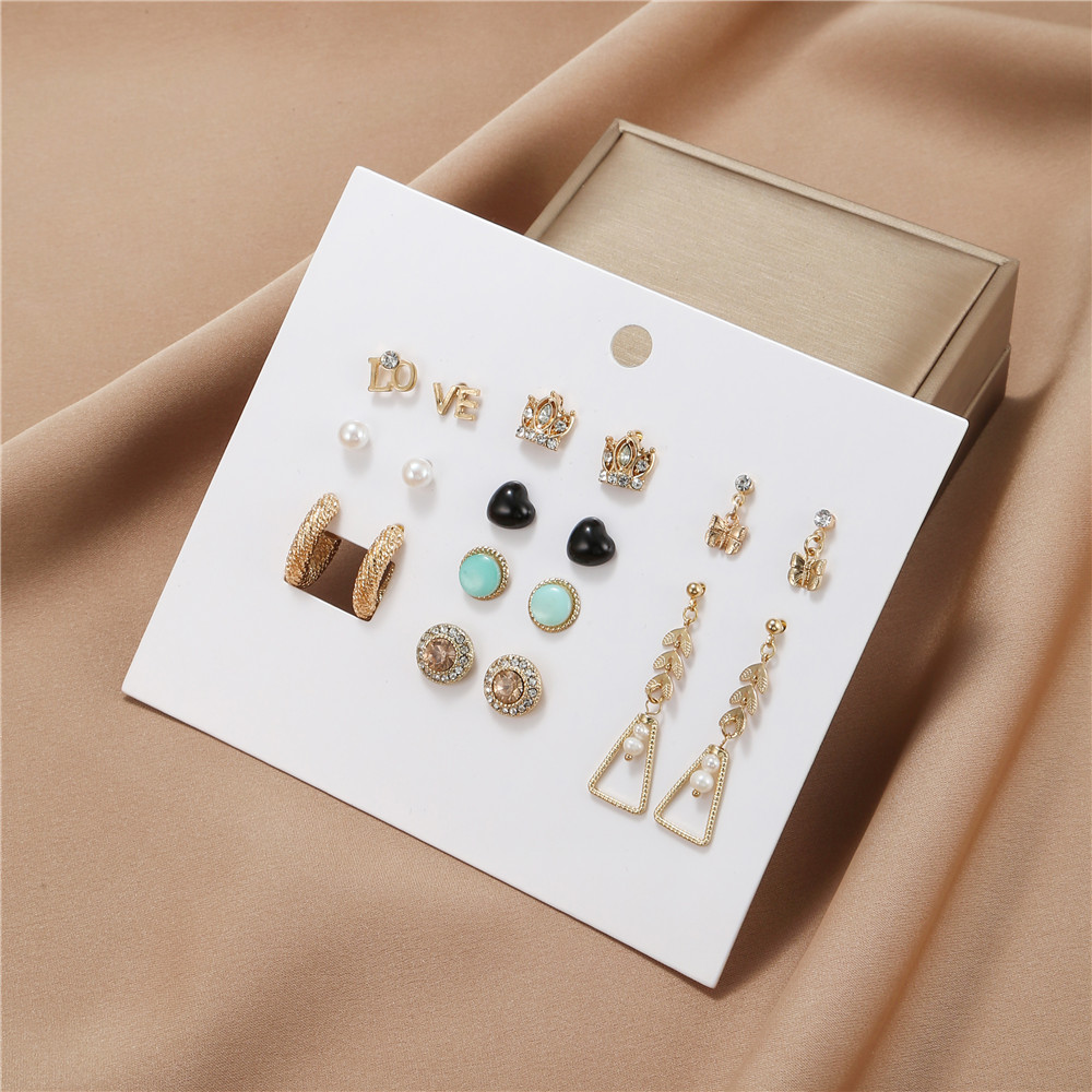 Simple Style Letter Crown Alloy Inlay Rhinestones Womenu0027S Drop Earrings Ear Studs 9 Pairs