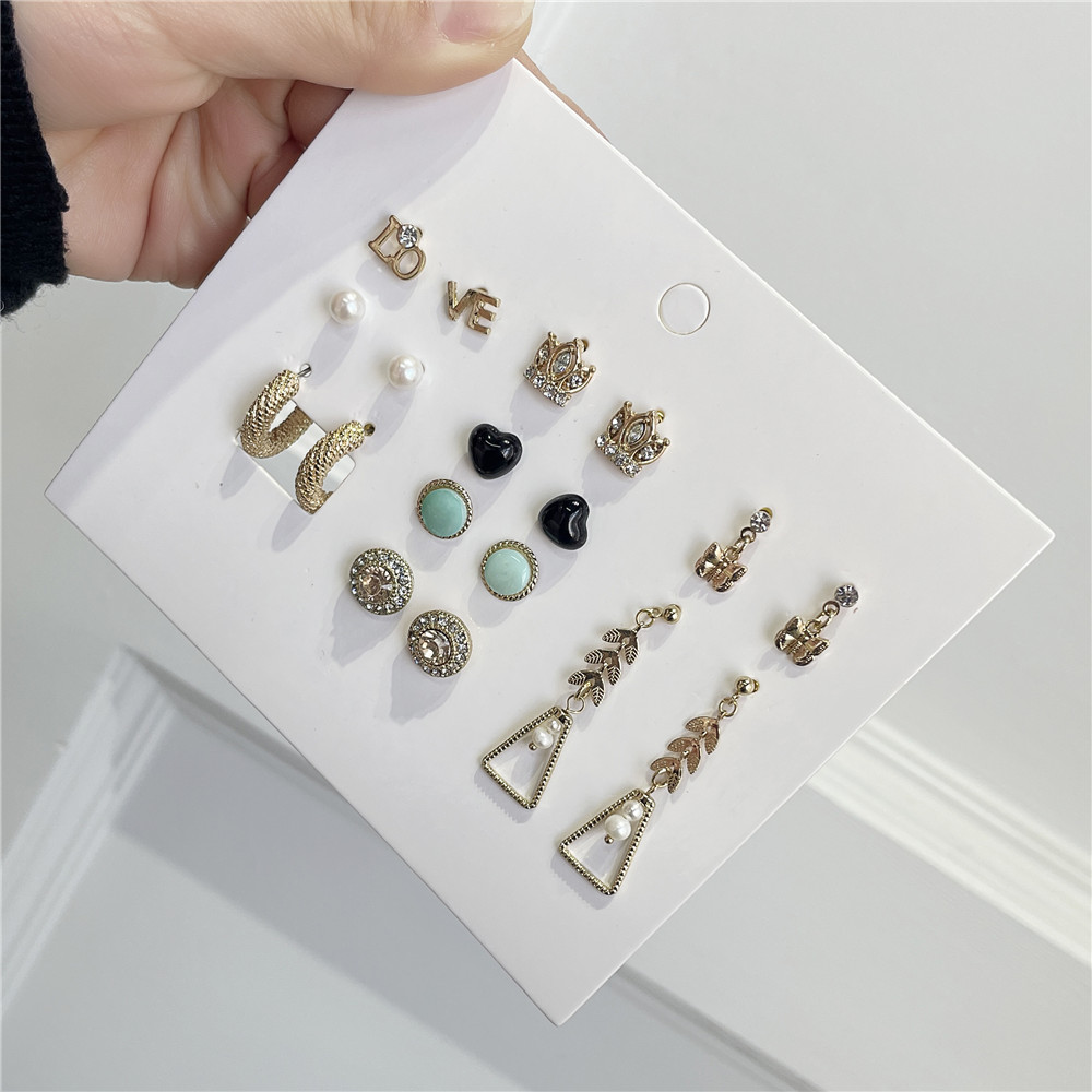 Simple Style Letter Crown Alloy Inlay Rhinestones Womenu0027S Drop Earrings Ear Studs 9 Pairs