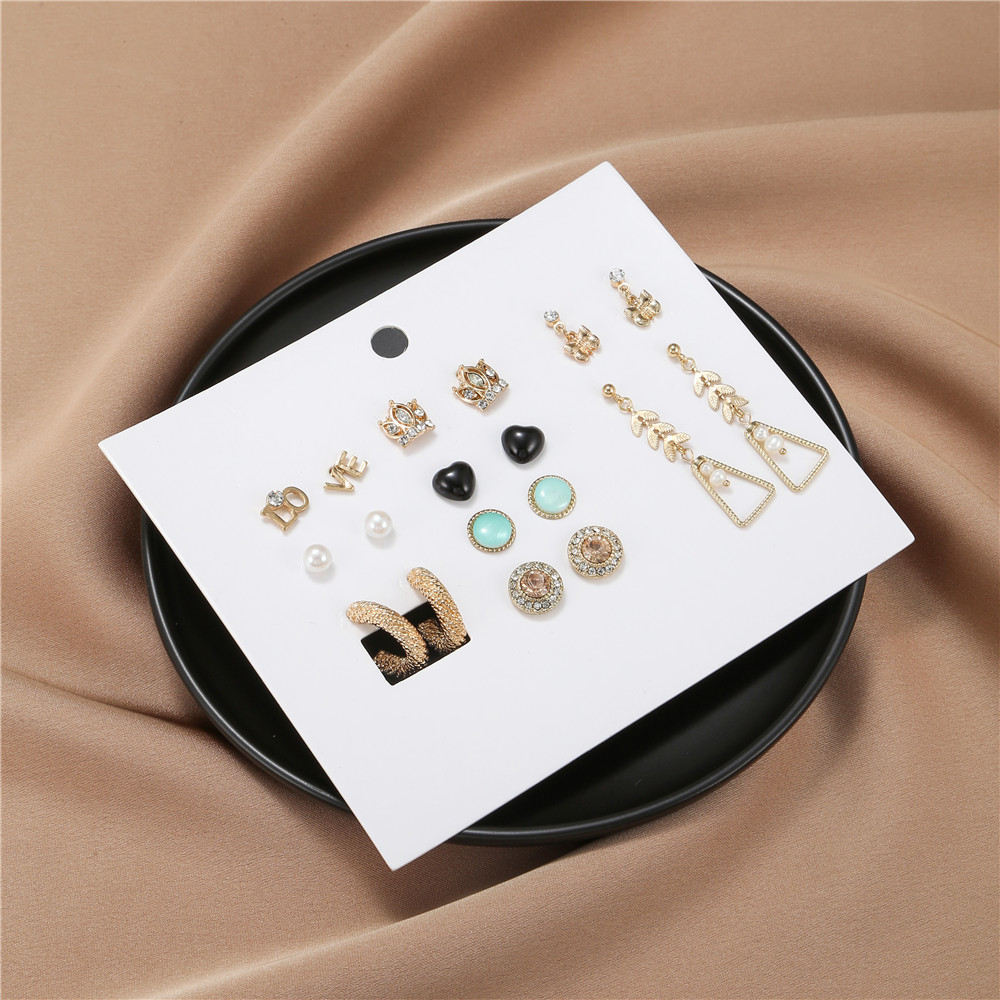 Simple Style Letter Crown Alloy Inlay Rhinestones Womenu0027S Drop Earrings Ear Studs 9 Pairs