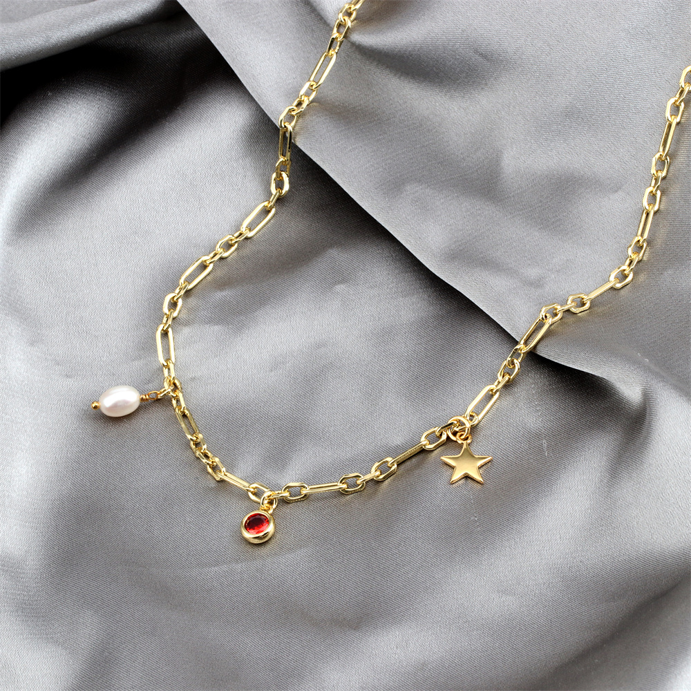 Elegant Pentagram Copper Gold Plated Pearl Zircon Pendant Necklace 1 Piece