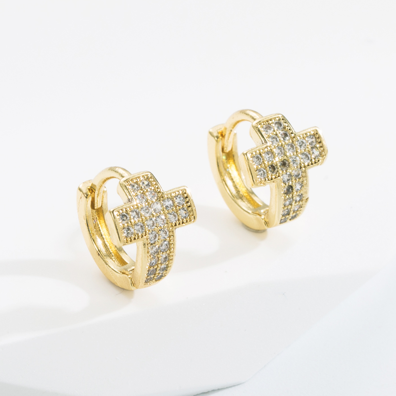 Fashion Cross Copper Gold Plated Zircon Hoop Earrings 1 Pair