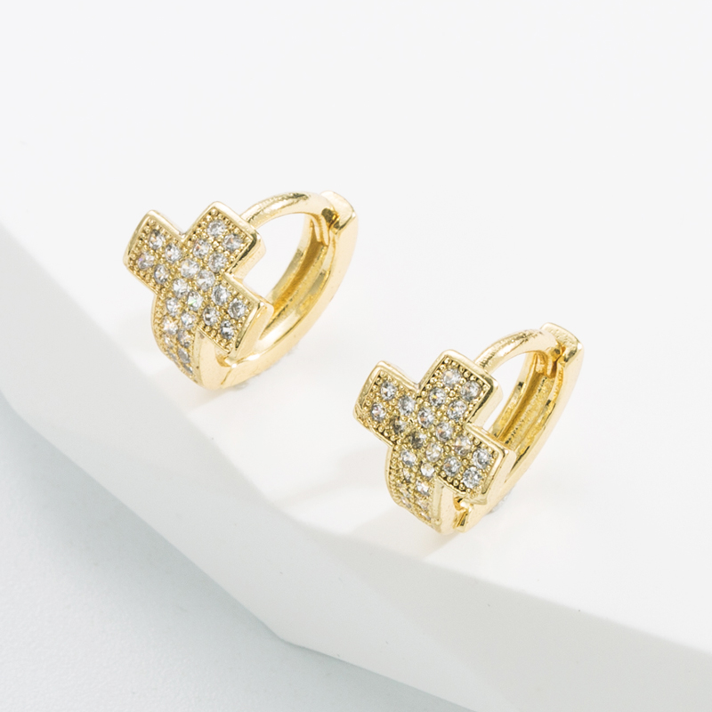 Fashion Cross Copper Gold Plated Zircon Hoop Earrings 1 Pair