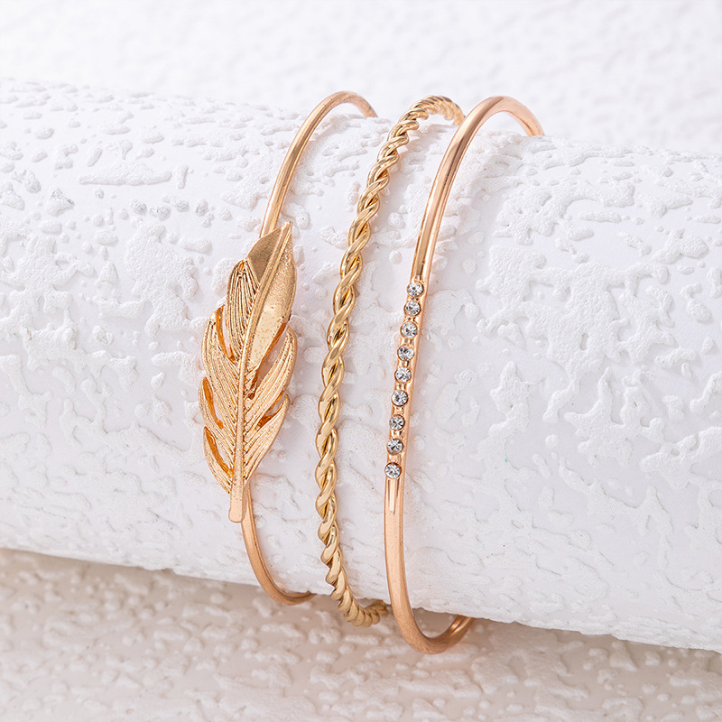 Simple Style Feather Alloy Plating Rhinestones Unisex Bangle 3 Pieces