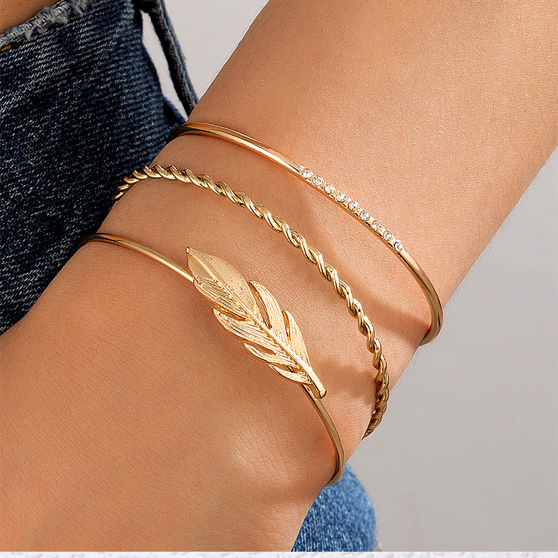 Simple Style Feather Alloy Plating Rhinestones Unisex Bangle 3 Pieces