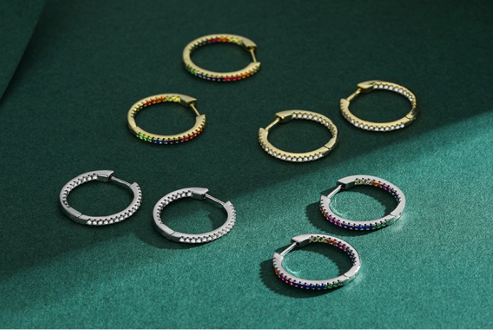 Fashion Round Silver Inlay Gem Hoop Earrings 1 Pair