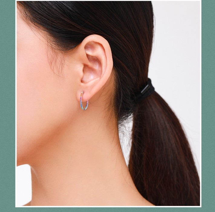 Fashion Round Silver Inlay Gem Hoop Earrings 1 Pair