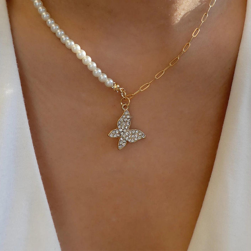 Fashion Butterfly Bow Knot Alloy Inlay Artificial Pearls Rhinestones Womenu0027S Necklace