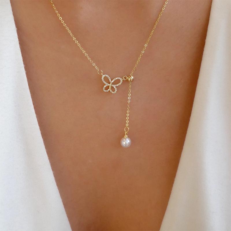 Fashion Butterfly Bow Knot Alloy Inlay Artificial Pearls Rhinestones Womenu0027S Necklace