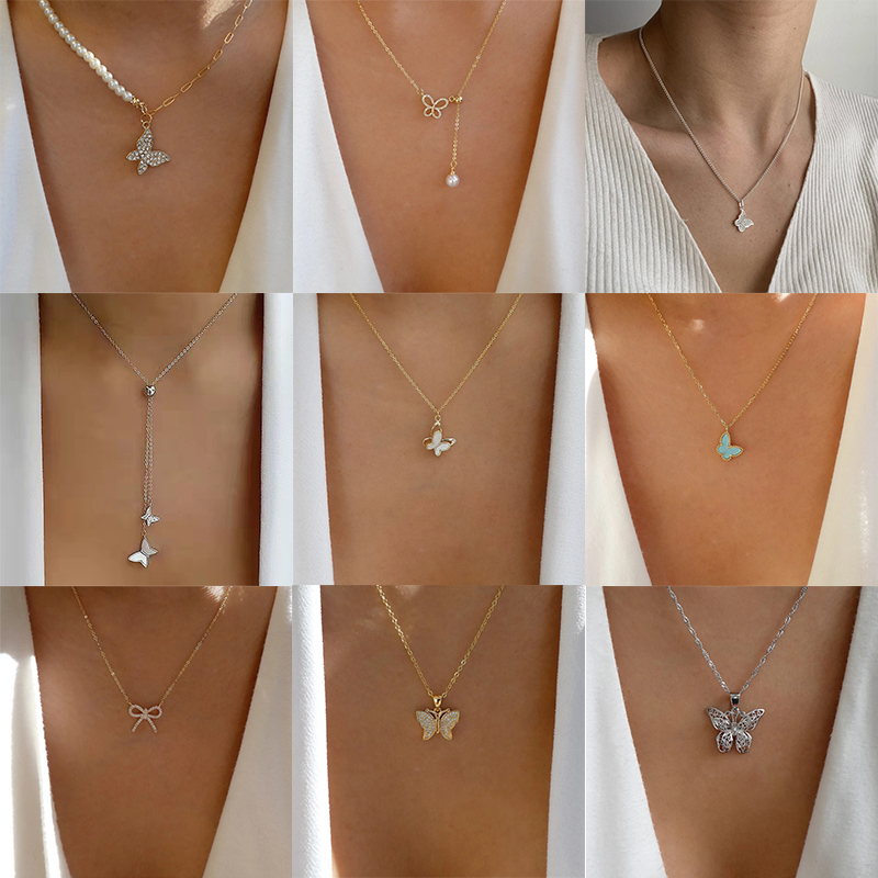 Fashion Butterfly Bow Knot Alloy Inlay Artificial Pearls Rhinestones Womenu0027S Necklace