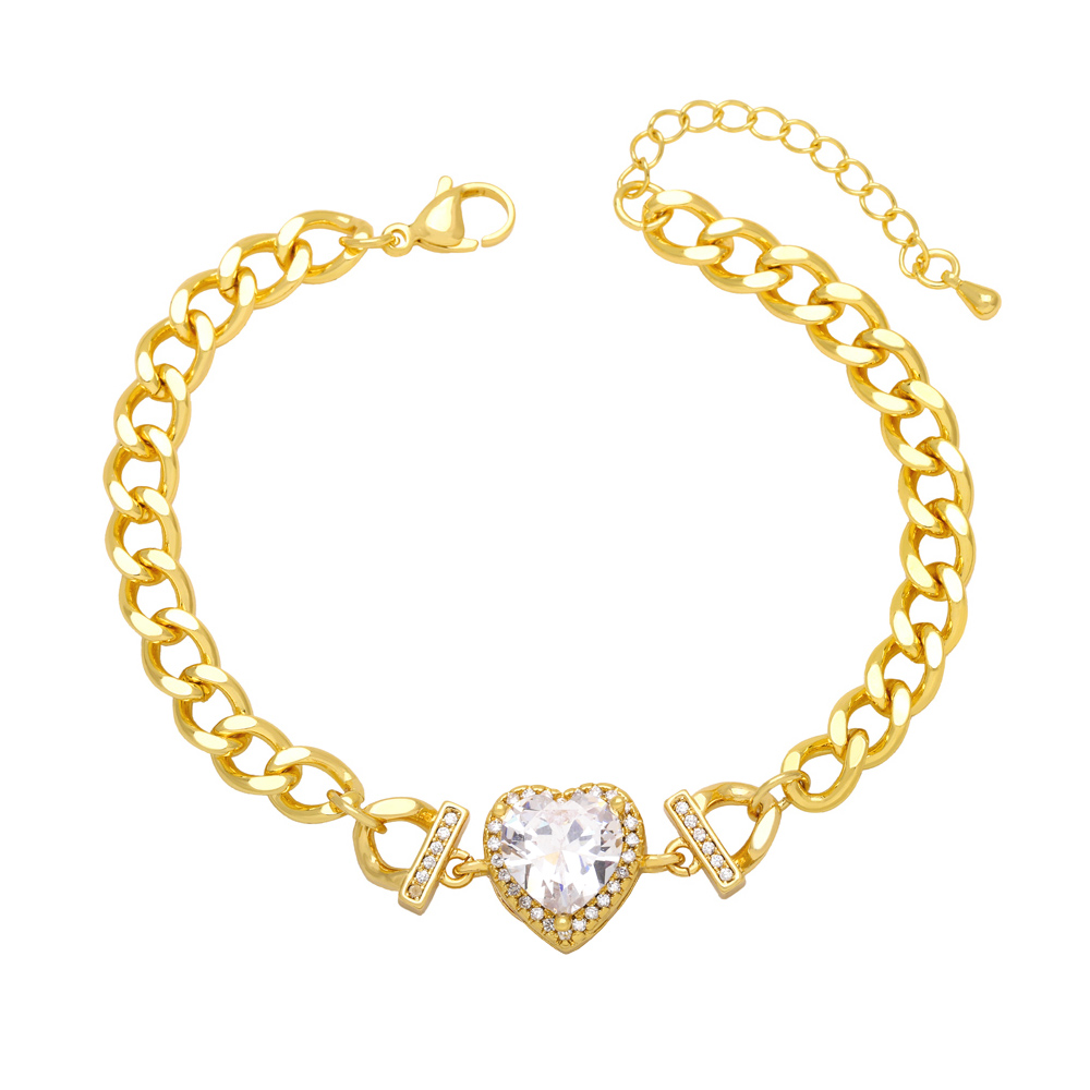 Retro Heart Shape Copper Gold Plated Zircon Bracelets 1 Piece