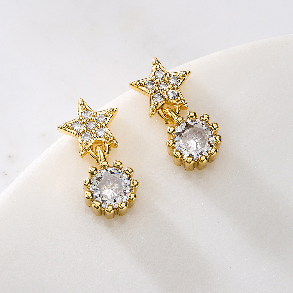 Fashion Round Star Copper Gold Plated Zircon Drop Earrings 1 Pair