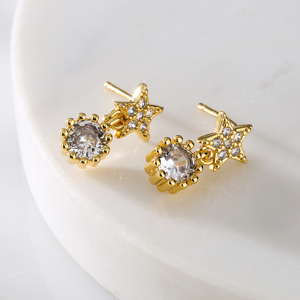 Fashion Round Star Copper Gold Plated Zircon Drop Earrings 1 Pair