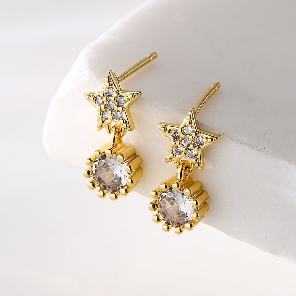 Fashion Round Star Copper Gold Plated Zircon Drop Earrings 1 Pair