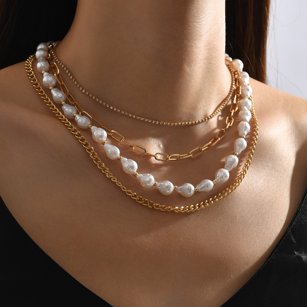 Simple Style Geometric Artificial Pearl Alloy Patchwork Rhinestones Womenu0027S Layered Necklaces 1 