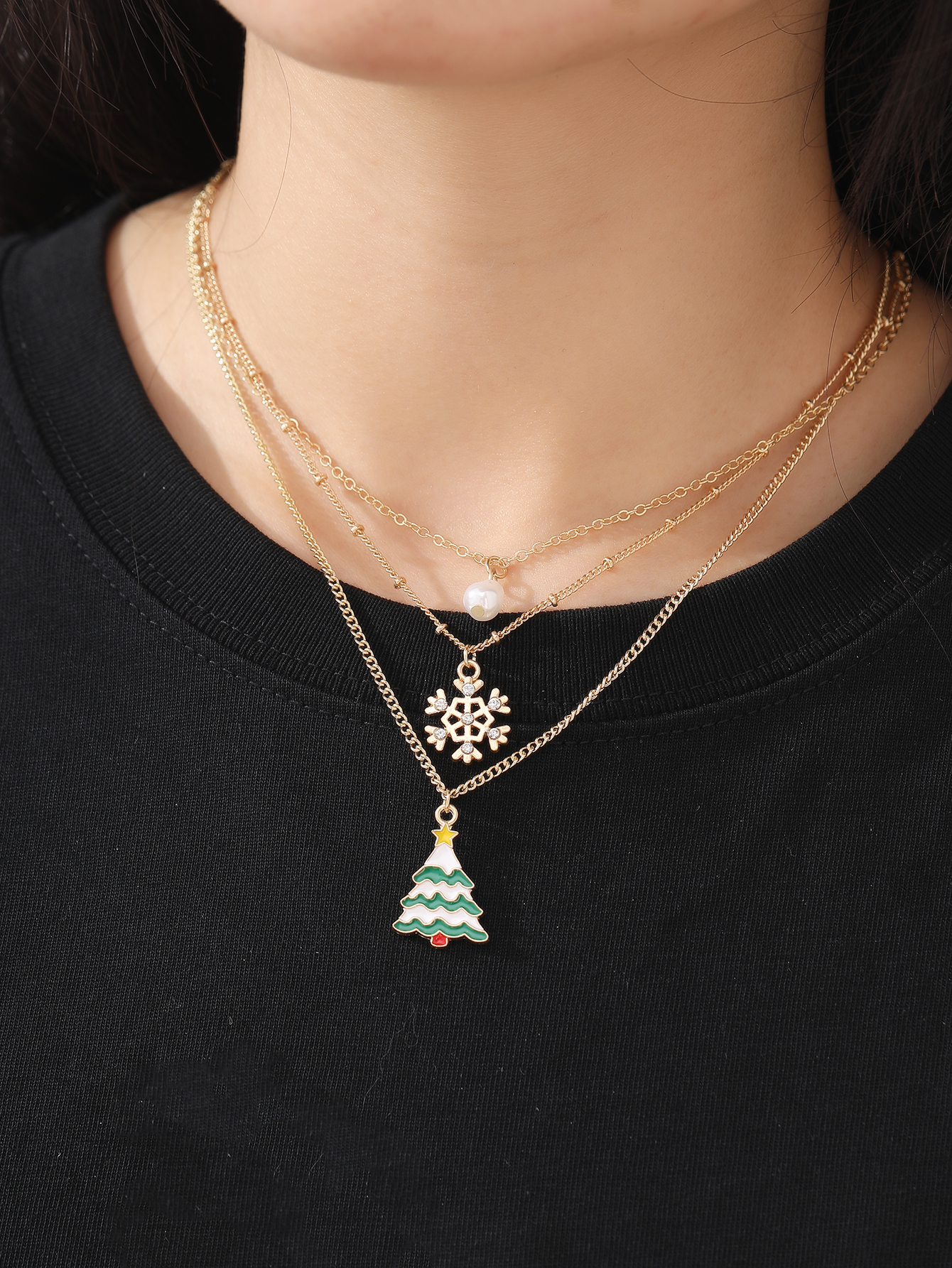 Fashion Christmas Tree Snowflake Alloy Plating Artificial Pearls Womenu0027S Layered Necklaces