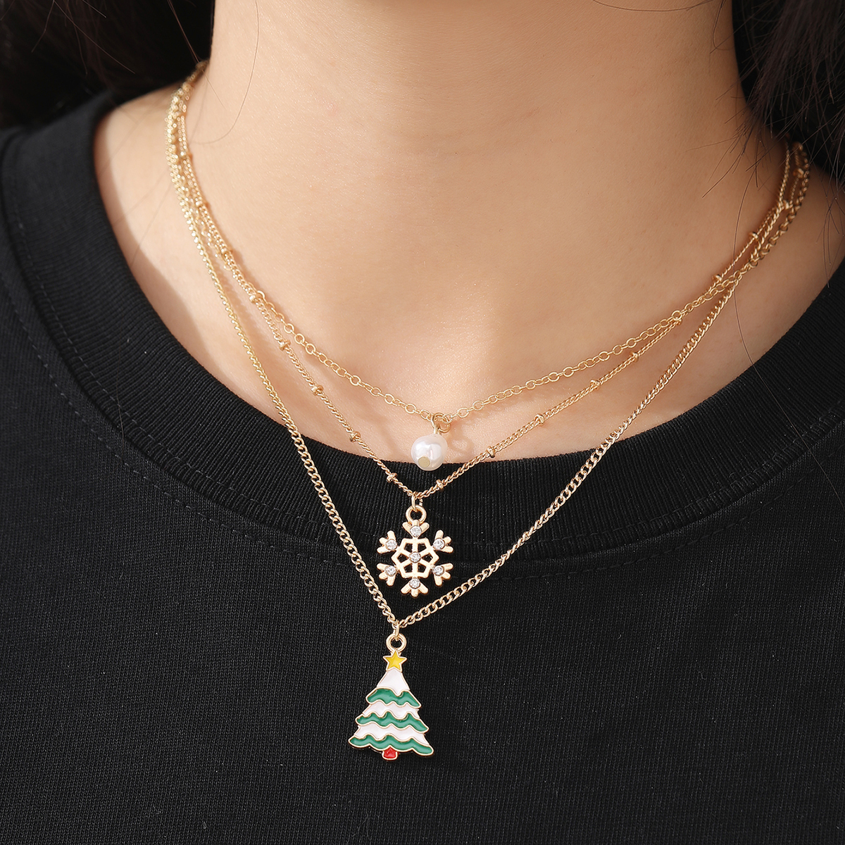 Fashion Christmas Tree Snowflake Alloy Plating Artificial Pearls Womenu0027S Layered Necklaces