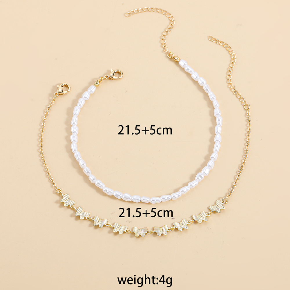 Basic Butterfly Imitation Pearl Alloy Beaded Womenu0027S Anklet 2 Pieces