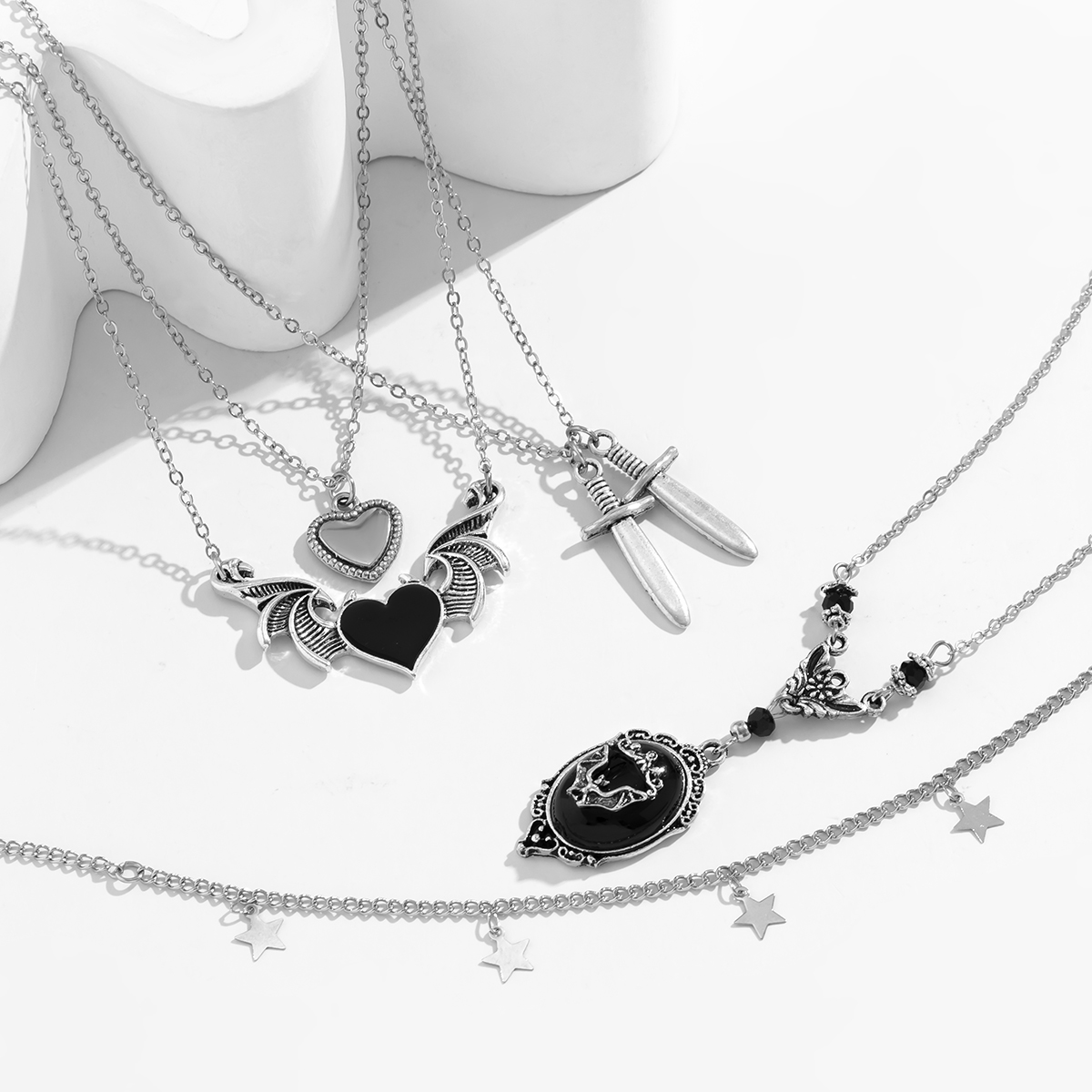 Punk Heart Shape Wings Alloy Enamel Plating Artificial Crystal Womenu0027S Layered Necklaces