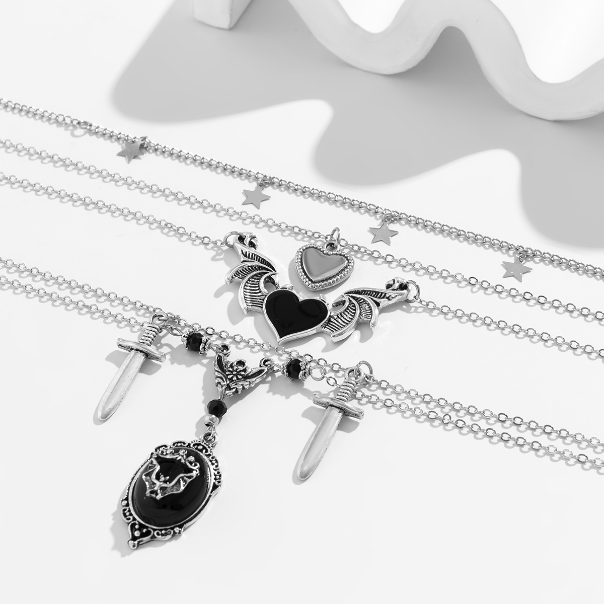 Punk Heart Shape Wings Alloy Enamel Plating Artificial Crystal Womenu0027S Layered Necklaces