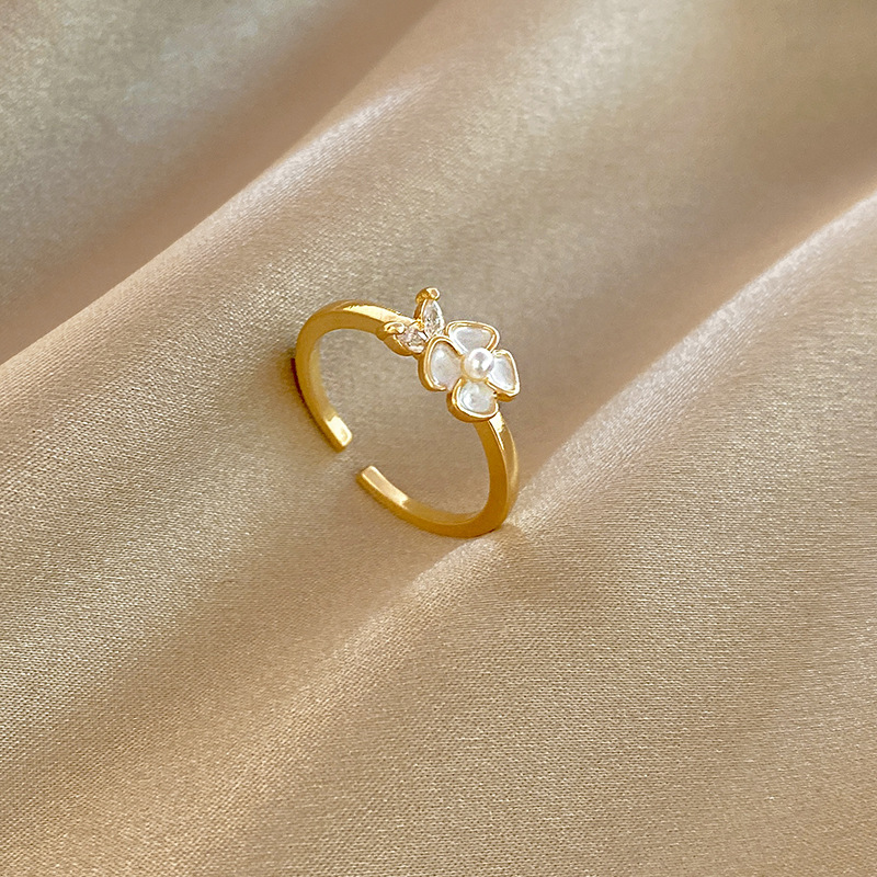 Fashion Flower Copper Plating Artificial Pearls Rhinestones Open Ring 1 Piece