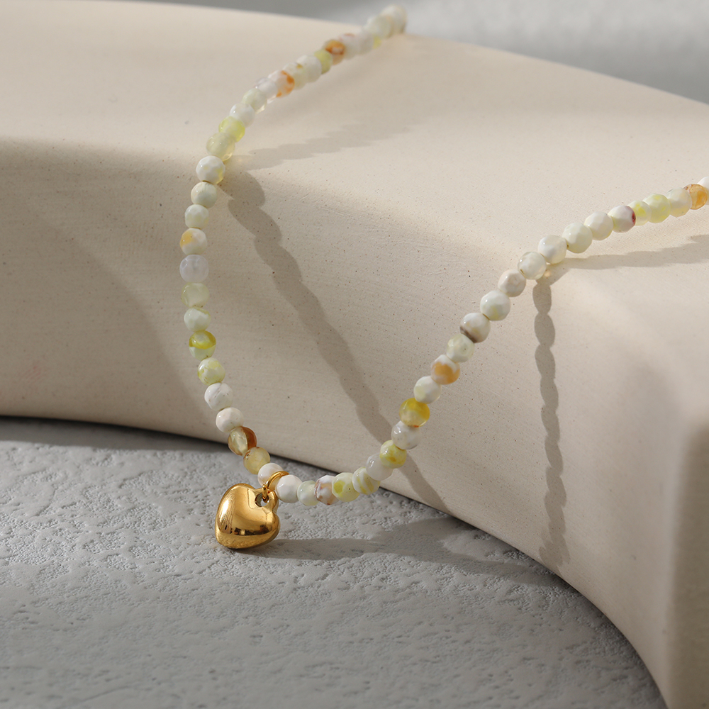 Fashion Heart Shape Stainless Steel natural stone Beaded Pendant Necklace 1 Piece