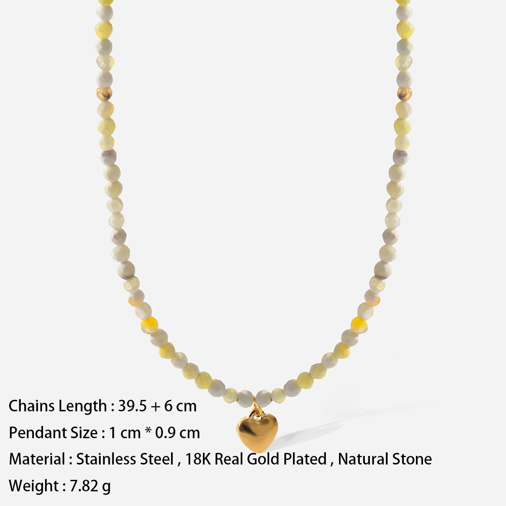 Fashion Heart Shape Stainless Steel natural stone Beaded Pendant Necklace 1 Piece
