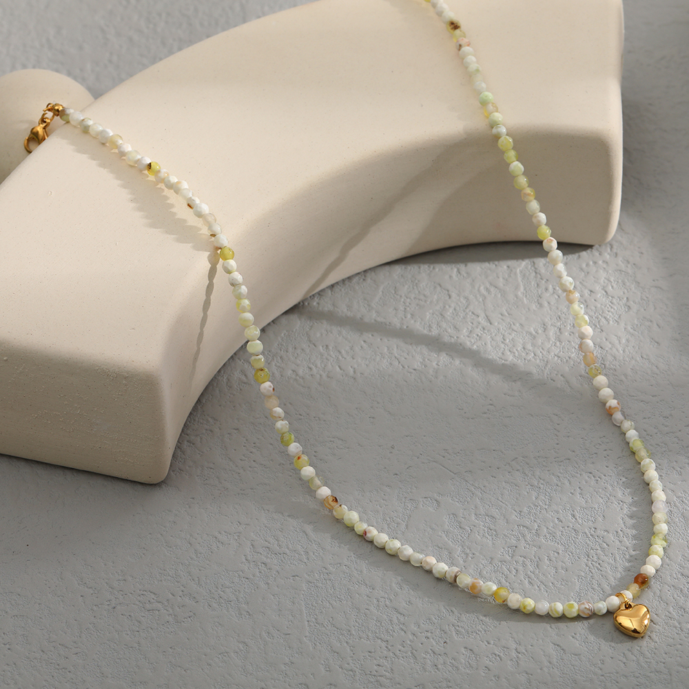 Fashion Heart Shape Stainless Steel natural stone Beaded Pendant Necklace 1 Piece
