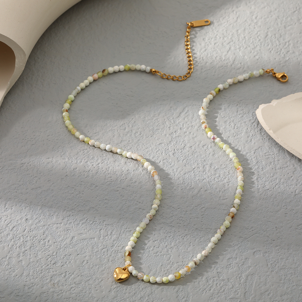 Fashion Heart Shape Stainless Steel natural stone Beaded Pendant Necklace 1 Piece
