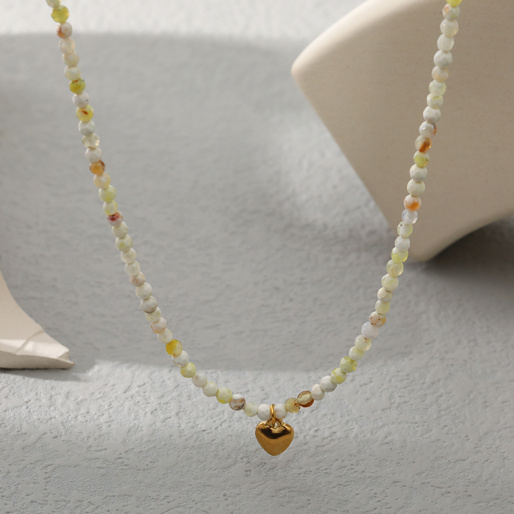 Fashion Heart Shape Stainless Steel natural stone Beaded Pendant Necklace 1 Piece